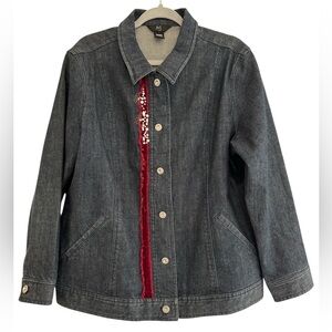 IOS Women’s  Blue Denim Jacket with Colorful Accents on Back Sz Large